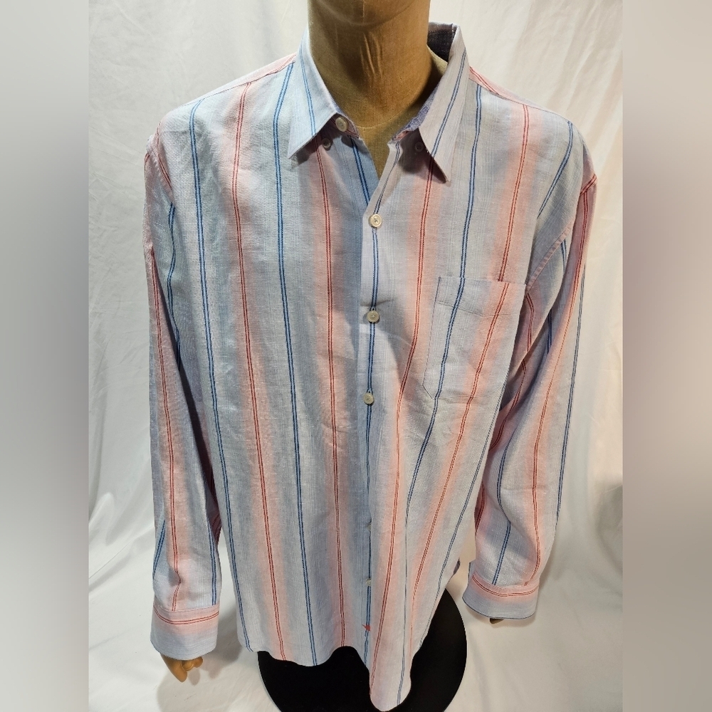 Tommy Bahama Mens Pink/Blue Vertical Stripe Linen Blend LS Button Up XX-Large